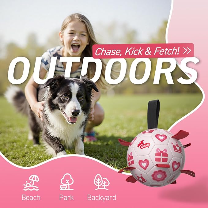 QDAN Valentines Gift Dog Toys, Pink Soccer Ball with Straps, Interactive Tug of War Toy, Puppy Birthday Gifts, Water Toy, Durable Dog Balls for Medium Large (8 Inch)