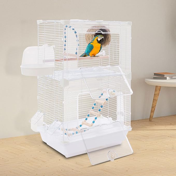 25" Flat Roof Top Bird Cage, 2 Tier Medium Metal Parrot Cage with Accessories Include Cross Bar Climbing Ladder Dual Door Parakeet Cage for Various Bird Species (24.8" H)