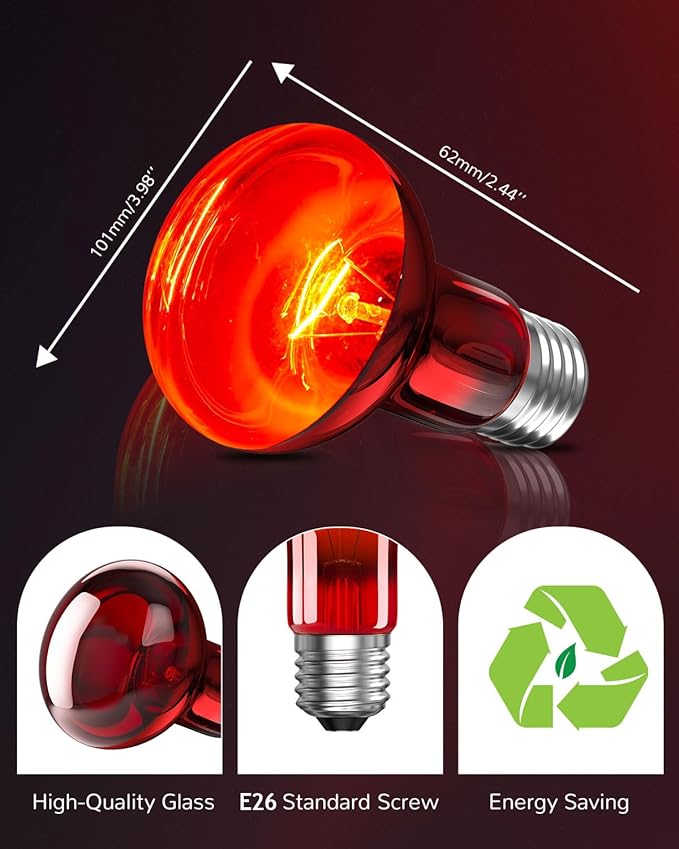 GlowUp 2 Pack E26 Infrared Heat Lamp, 50W Reptile Heat Emitter Infrared Basking Spot Light, Red Heat Lamp for Chickens Coop Reptile Pets Brooder Use