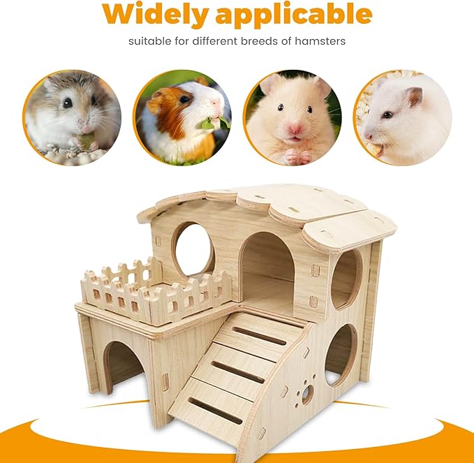Wooden Dwarf Hamster House, Hamster Tiny House Hideout, Hamster Maze House, Large Balcony Lookout Holes, Easy to Assemble, Detachable Parts, Secure Hideaway, D
