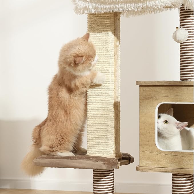 Cat Tree Tower, 41.7 in Wood Cat Condo with Sisal-Covered Scratching Posts and Plush Pom-pom, Multi-Level Climbing Cat Furniture with Jump Platform for Indoor Cats, Beige