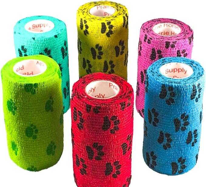 Prairie Horse Supply 3 Inch Vet Wrap Tape Bulk (Black, Red, Yellow and Black Paw Prints on Yellow, Red, Teal) (Pack of 24) Self Adhesive Adherent Adhering Flex Bandage Grip Roll for Dog Cat Pet