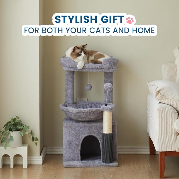 Cat Tree for Indoor Cats, 32 Inch Tall Cat Tower with Hammock, 2 Condos, Plush Perch & Sisal Scratching Posts, Multi-Level Kitten Activity Center for Small Medium Cats, Grey