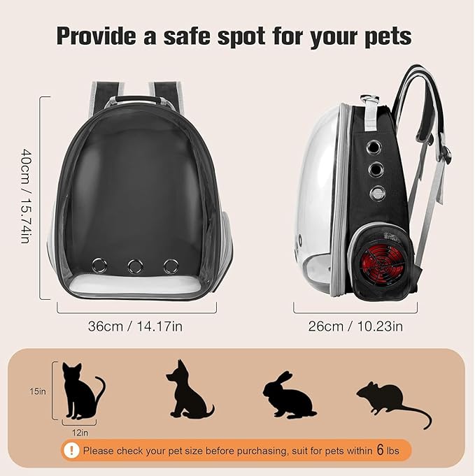 Active Cooling Pet Backpack Carrier with Side Fan,Airline Approved Transparent Bubble Backpack for Cats, Dogs, Puppies Enhanced Ventilation for Travel, Hiking, Camping (Black)