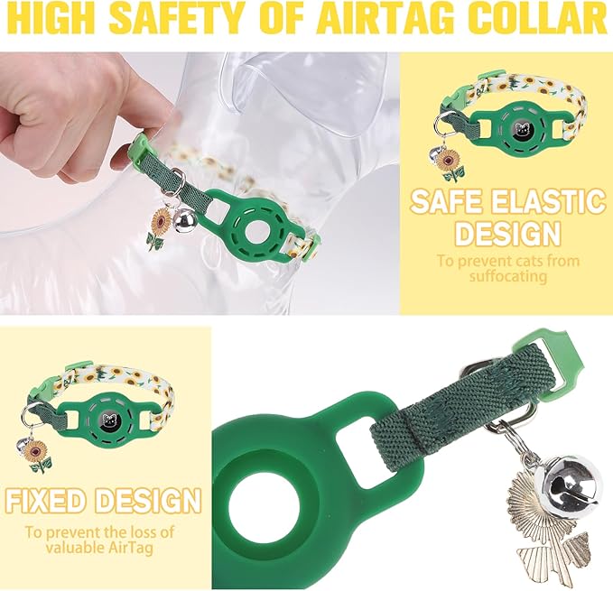 BINGPET AirTag Cat Collar with Bells, Upgraded Safety Elastic Cat Collar with Airtag Cat Collar Holder, Anti-Lost Cat Collars for Girl Boy Cats, Anti-Suffocation Kitty Puppy Collars