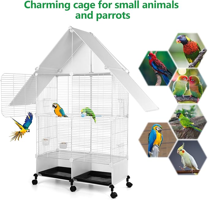 House Shape Bird Cage with Rolling Stand - Large 2 Tier Iron Bird Cage with Lock, Spacious Flight Habitat for Parakeets & Cockatiels, Easy Mobility Safe Home for Small Birds
