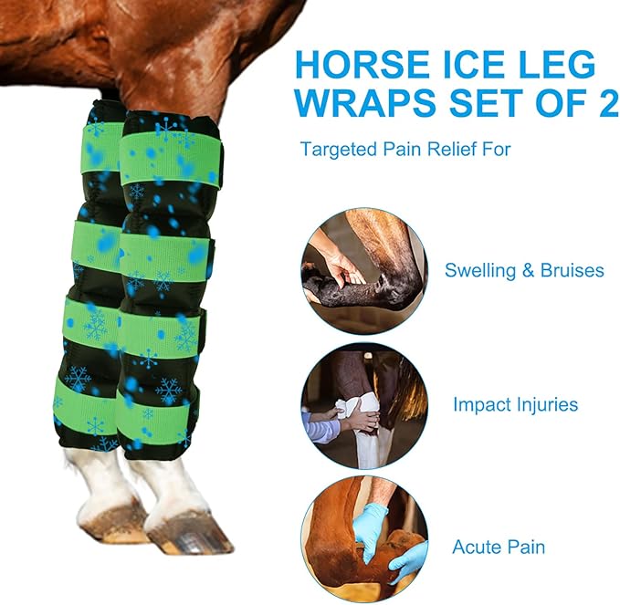 Horse Ice Pack, Ice Boots for Horse Injuries, Cooling Horse Leg Wraps for Hock, Ankle, Knee, Legs, Boots, and Hooves, Cold Compression for Horse Care, Hock Sprain, Set of 2, 16.9'' x 16.1'', Green