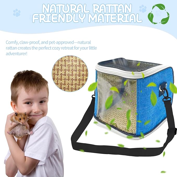 Small Animal Carrier Backpack with Water Bottle, Travel Portable Guinea Pig Hamster Bunny Carrier Sling Pouch, Clear Window Breathable Pet Carrier for Hedgehog Sugar Glider Chinchilla Rat (Gray-Blue)