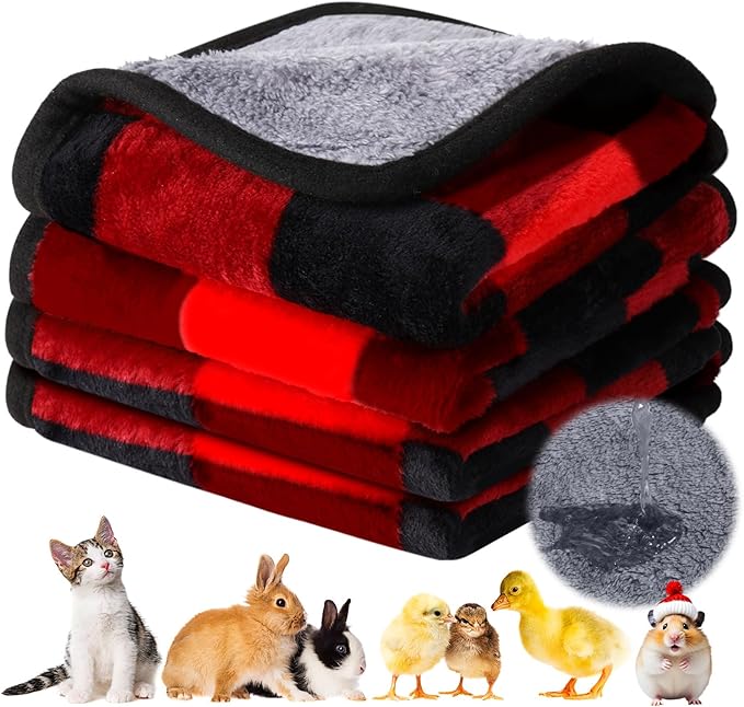 Reginary 4 Pcs Waterproof Guinea Pig Blankets Washable Small Animal Fleece Bedding Absorbent Guinea Pig Cage Liners Reusable Pet Pee Pad Sleep Mat for Hamster Ferret (Christmas Plaid,12 x 12 Inch)