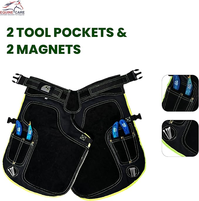 Equine Care Women’s Farrier Apron Chaps 23″ – Leather & Canvas, Adjustable 28–52″ Waist, EVA Padded Knees, Lumbar Support, 4 Knife Pockets & Nail Magnets for Hoof Trimming (Black with Green Piping)