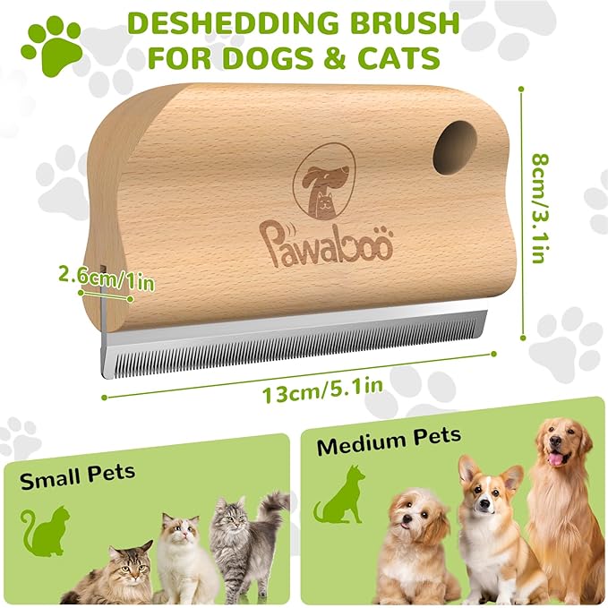 Pawaboo Deshedding Brush for Dogs & Cats, Dog Hair Removal Comb with Ergonomic Gripping, Wooden Grooming Shedding Brush for Long Hair Dogs and Cats, Hangable Pet Cleaning Comb Supplies, 5.1 Inch
