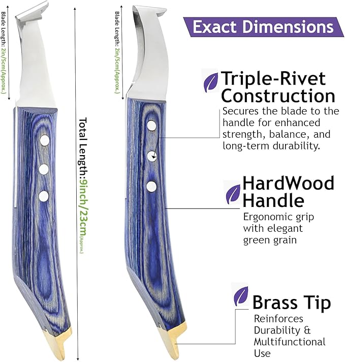 Premium Farrier Loop & Hoof Knife with Brass End – Professional Hoof Trimming Tool for Horses, Cows & Livestock, Stainless Steel Blade, Ergonomic Wood Handle (Blue)