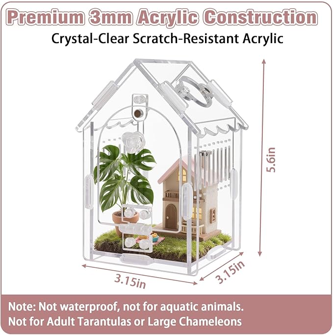 Acrylic Jumping Spider Enclosure 3.15"x3.15"x5.6" – Magnetic Front Opening Terrarium for Tarantulas, Mantis & Small Reptiles | Escape-Proof Habitat with Ventilation & No-Tool Assembly