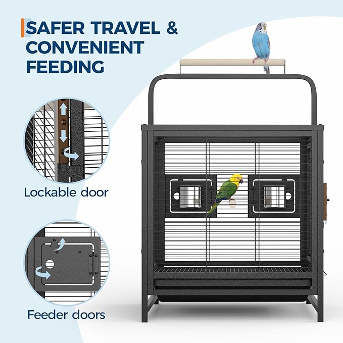 Bird Travel Carrier Cage, 19Inch Wrought Iron Small Bird Cage for Parrots Conures Lovebird Cockatiel Parakeets Black