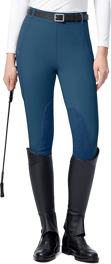 SANTINY Women's Horse Riding Pants with Zipper Pockets Knee-Patch Schooling Tights Equestrian Breeches for Women