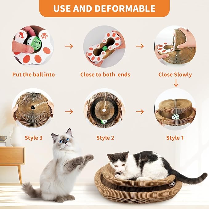Collapsible Cats Cardboard Scratcher Interactive Pet Toys for Indoor Cats with Ring Ball Magnetic Kitten for Chase Scratch Cat