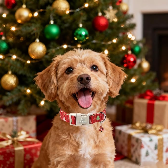 Christmas Dog Collar - Cute Red Christmas Tree Festive Puppy Collar with Safety Buckle, Soft Adjustable Holiday Dog Collars for Small Medium Large Dogs XL