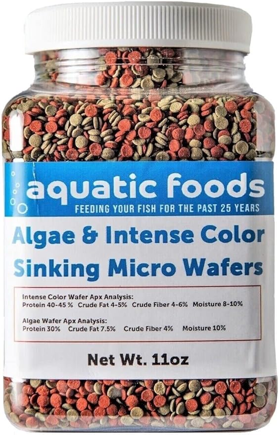Aquatic Foods Inc. 3.5mm - 1/8" Micro Wafer Mix of Spirulina Algae & Intense Color Enhancing Sinking Micro Wafers for Catfish, Plecos, Bottom Fish, Shrimp, Crabs, All Tropical Fish..11oz Small Jar