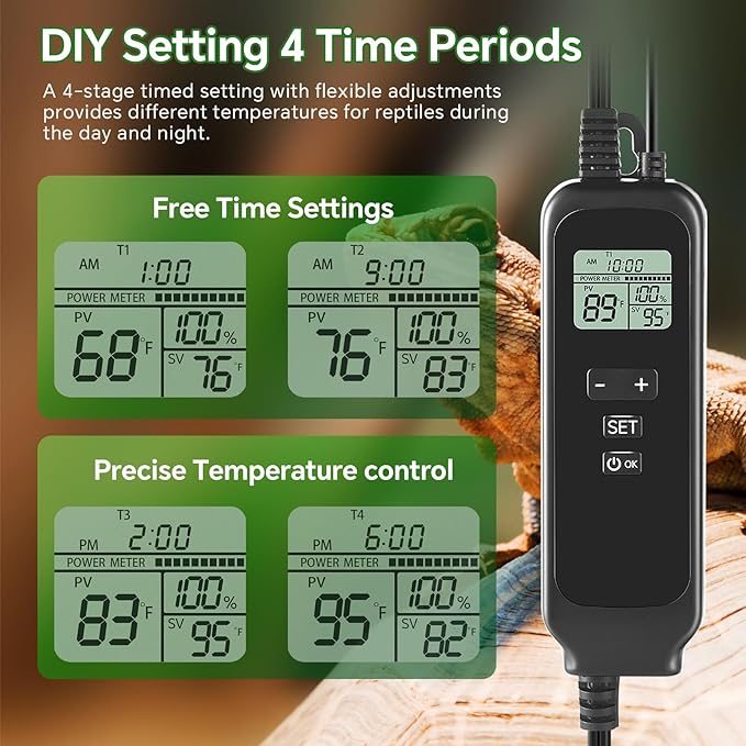 8.5 inch Reptile Heat Lamp Fixture with Thermostat and Timer,Reptile Light Fixture with Dimming Thermostat Max 150W,PID Temperature Controller for UVB Lights,Basking Heat bulbs and Terrariums