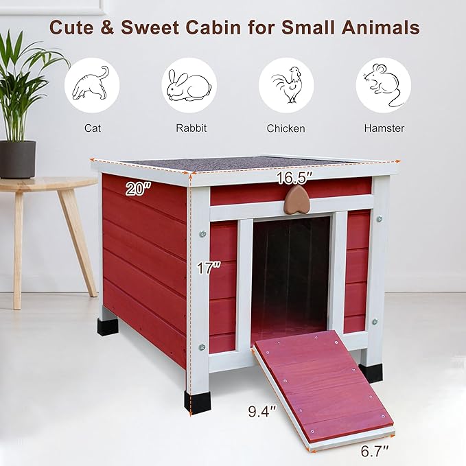 Rockever Outdoor Cat House,Outdoor cat Houses for Feral Cats Weatherproof Rabbit Hutch Small, Wooden Small Pet House and Habitats-Red