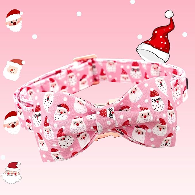 Dog Collar, Christmas Pink Santa Claus Cotton Pet Collar Bow Holiday Girl Boy Cute Puppy Collar Adjustable Pet Collar for Large Dogs