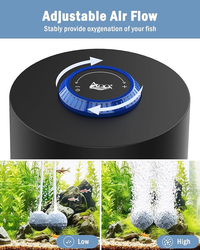 AQQA Aquarium Air Pump, Quiet Powerful Fish Tank Air Pump 3W/6W/10W with Stainless Steel Dual Outlet, Adjustable Oxygen Aerator Pump with Air Stone Bubbler for Fish Tank Up to 200 Gallon 3W (Tubby)