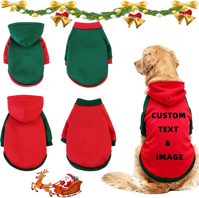 Custom Dog Hoodie, Personalized Sweatshirt with Photo Text Name Logo, Customized Hooded Sweater for Small Medium Large Dogs & Cats (Red + Green Border, Medium)