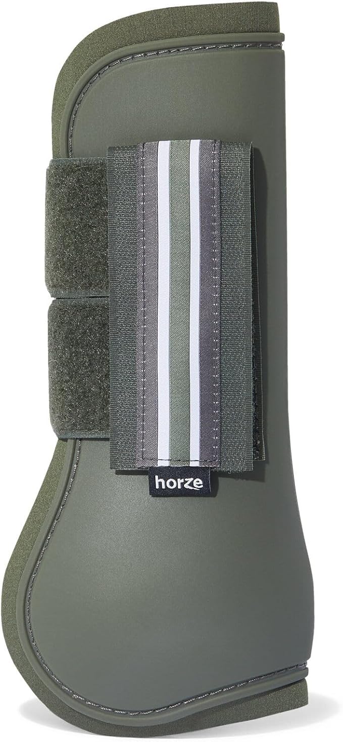 HORZE Adepto Open Front Tendon Boots | Durable Shell with Neoprene Lining - Beetle Khaki Green - Horse