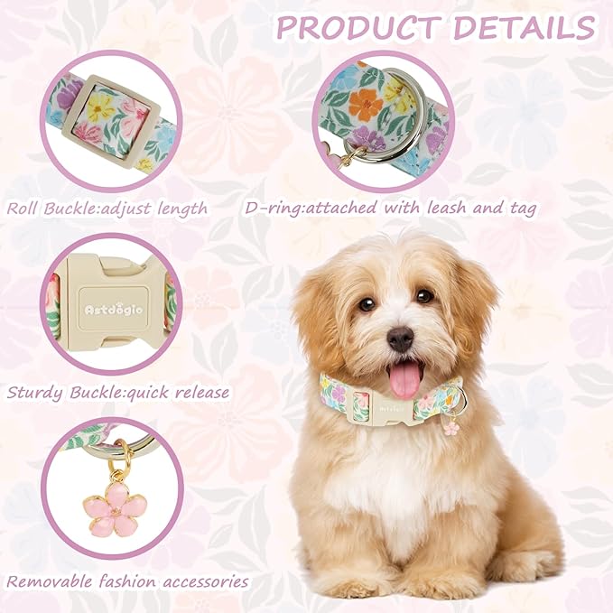 Cotton Dog Collar with Colorful Flowers for Spring Summer, Adjustable Puppy Dog Collars for Small Medium Large Dogs, Cute Girl Boy Dog Collar Ideal for Gifts,Pet Accessory,S