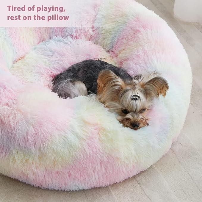 WNPETHOME Donut Dog Beds Large Sized Dog,Anti-Anxiety Caming Large Pet Bed,Fluffy Faux Fur Plush Puppy Bed，Warming Cozy Soft Round Bed for Pet, Cat Cuddler Cushion
