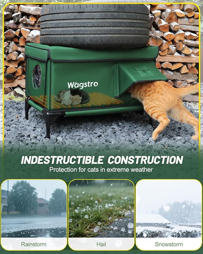 Heated Cat House for Outside, Insulated Weatherproof Heated Outdoor Cat House with Waterproof Eaves & Escape Door, Elevated Outdoor Cat Shelter for Feral Stray Cat (Green, 25.6"x16.5"x18")