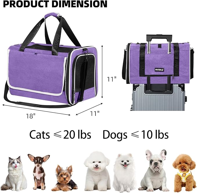 Top Open Medium Pet Carrier Roll Up Flap for Anxious Cat, Soft-Sided Small Pet Travel Crate Vet Friendly, Little Animal Yorkie Kennel Bag Suitcase Luggage Sleeve, 18x11x11 Inch Purple