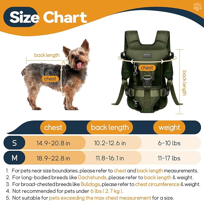 Pet Dog Front Carrier Backpacks, Legs Out Secure-Fit Dog Front Carrier for Small Dogs Up to 17 lbs, Adjustable Hands Free Pet Chest Carrier for Hiking Cycling (S, Army Green)
