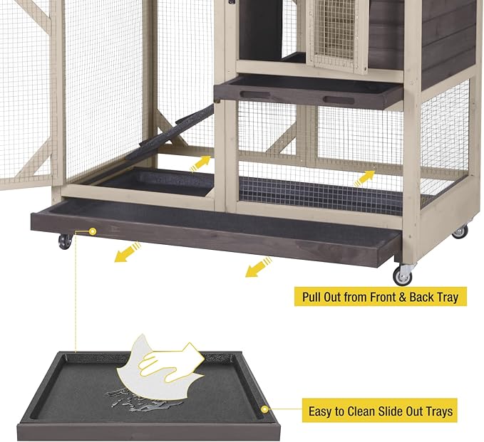 Aivituvin Rabbit Hutch Rabbit Cage Indoor Bunny Hutch with Run Outdoor Rabbit House with Two Deeper No Leak Trays - 4 Casters Include (Without Bottom Wire Netting)