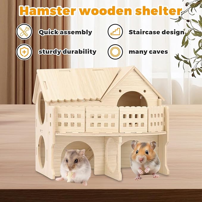Wooden Dwarf Hamster House, Hamster Tiny House Hideout, Hamster Maze House, Large Balcony Lookout Holes, Easy to Assemble, Detachable Parts, Secure Hideaway, B