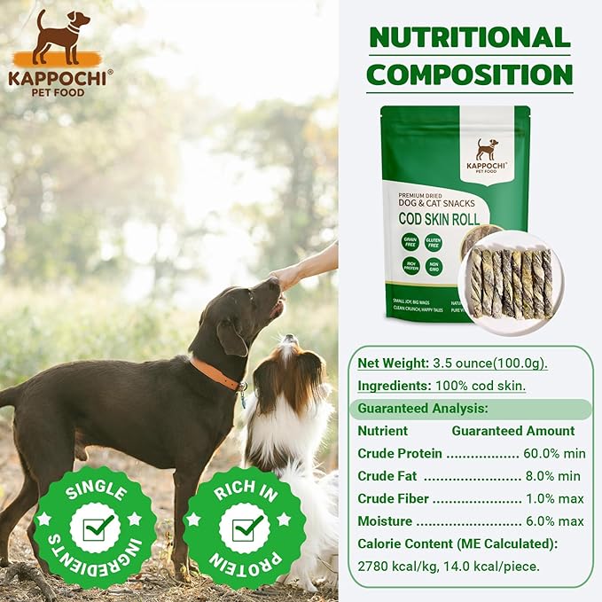 Freeze Dried Cod Skin Roll Dog Treats, Cat Treats, Rich in Omega-3, 3.5 Ounce (100.0g), Single Ingredient, High Protein Chew Snacks, Natural & Raw, No Additives, Grain Free, Gluten Free