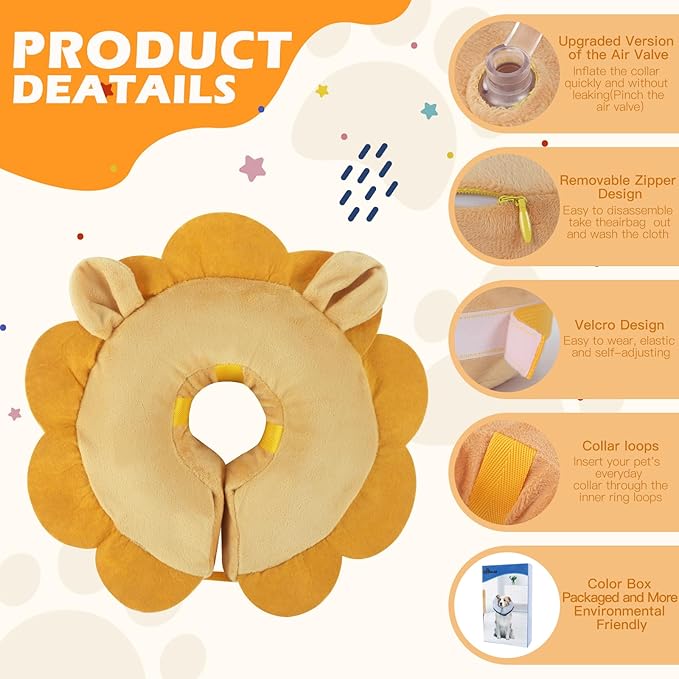 IEUUMLER Inflatable Recovery Dog Collar, Protective Donut Cone, Adjustable Soft Collar for Dog and Cat After Surgery Prevent from Biting & Scratching EU002 - Brown Lion L