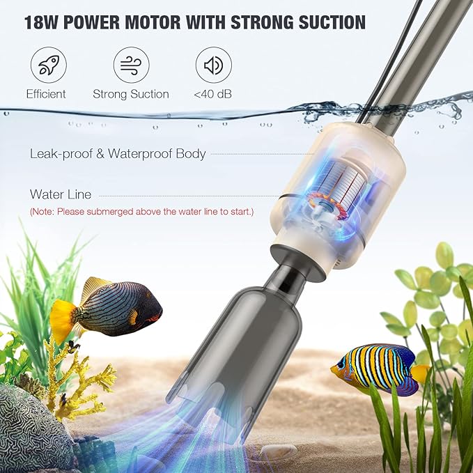 AKKEE Aquarium Vacuum Gravel Cleaner: 18W Gravel Vacuum for Fish Tank with Strong Suction for Automatic Change Water, Remove Dirt Wash Sand Water Shower and Water Circulation, Beige