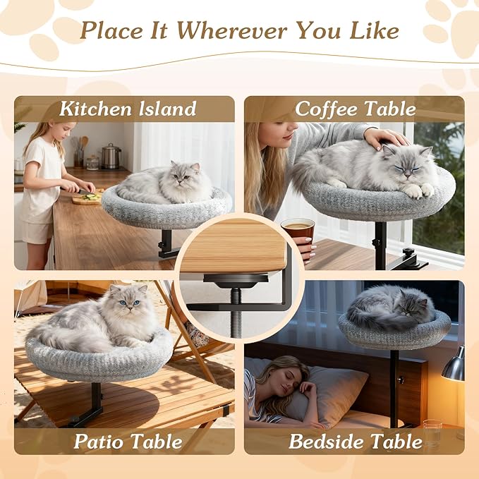 Cat Bed for Desk with Adjustable Height & 360 Rotation Elevated, Heavy-Duty Cat Desk Bed for Small Space, Soft & Comfortable Modern Unique Kitten Furniture, Indoor Cats Up to 60 lbs (Gray)