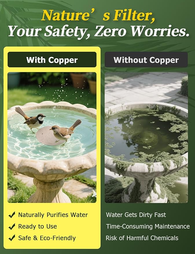 Mellbree 3-Pack Bird Bath Copper Disk, 0.6mm Reinforced 99.99% Pure Copper Cleaning Disk with Triple-Point Support for Physical Safe Clean Water All-Season (Sunflower)