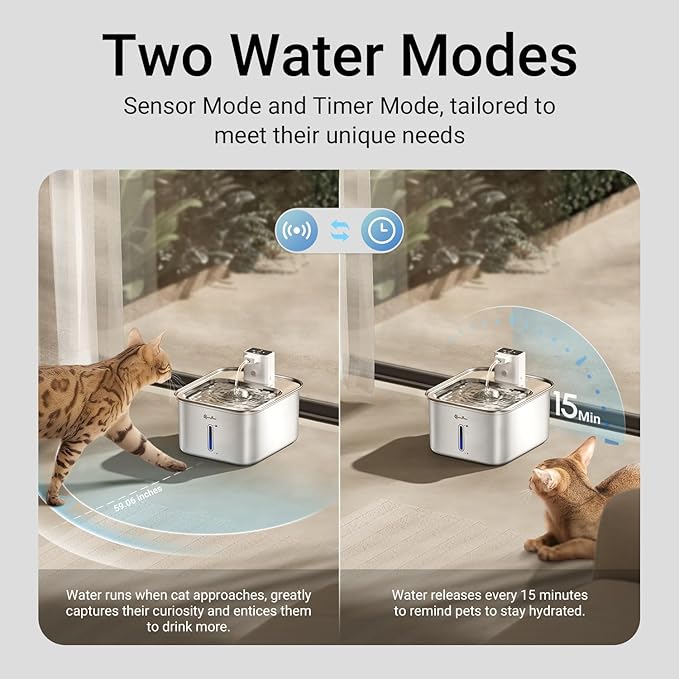 DownyPaws Cat Water Fountain Stainless Steel Wireless, 101 oz/3L FurSink Cordless Water Fountain for Cats, Battery Operated Cat Fountains for Drinking with Motion Sensor, Easy Clean, White