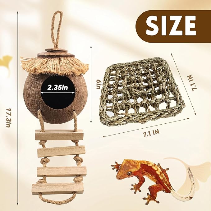 Crested Gecko Tank Accessories Coconut Hide with Ladder,Leopard Gecko Coconut Hut Hideout Hanging Lizard Seagrass Hammock Dragon Cage Lounger Jungle Vine Flexible Leaves Reptile Tank Decor