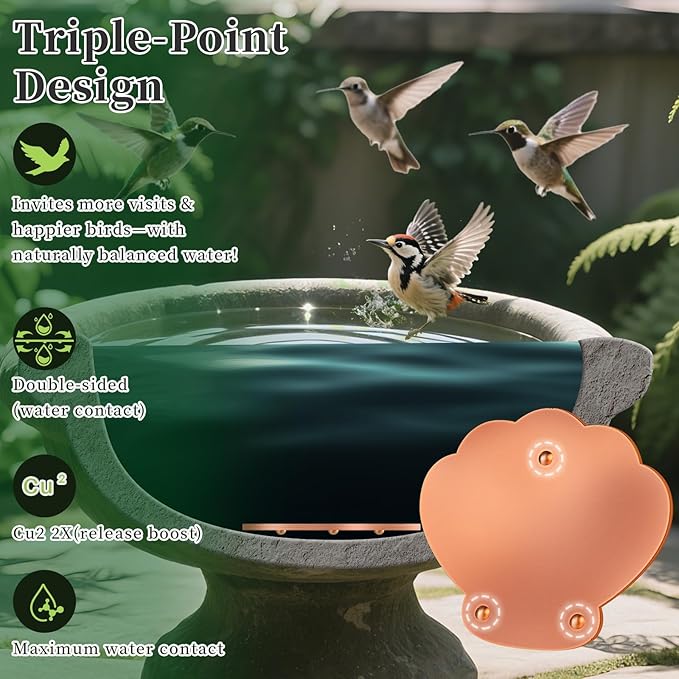 Bird Bath Copper Disk, 99.99% Pure Copper Metal Disc Bird Bath Cleaner for Outside Bowl Physical Safe Outdoor Water Purify Accessories (3-Point Support Design)
