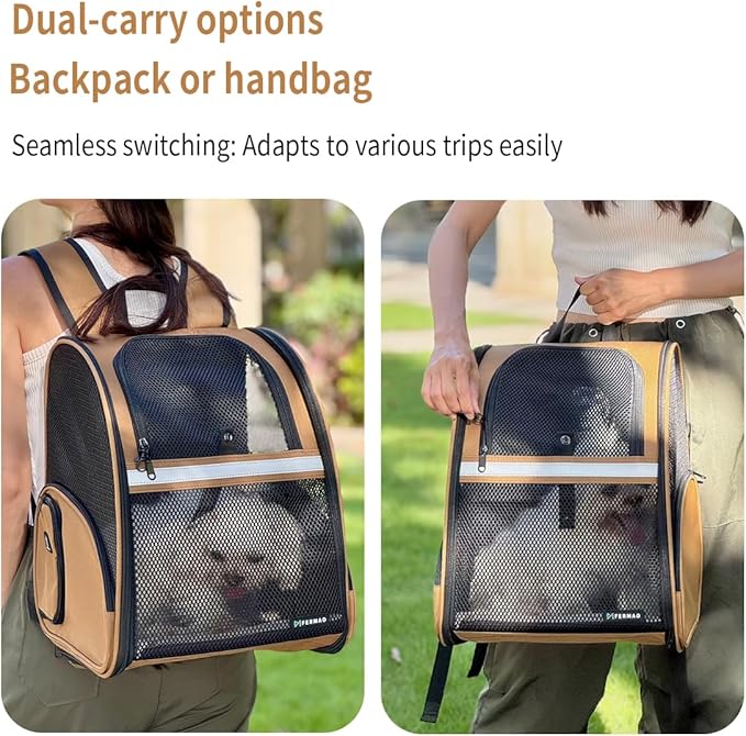 Cat Backpack Carrier for Small Dogs and Medium cat Puppy Kitten Bunny Pet Carrier Backpack Collapsible with Fully Ventilated Mesh with Safety Leash (Brown, 12.9" L x 10.62" W x 15.5" H - M)