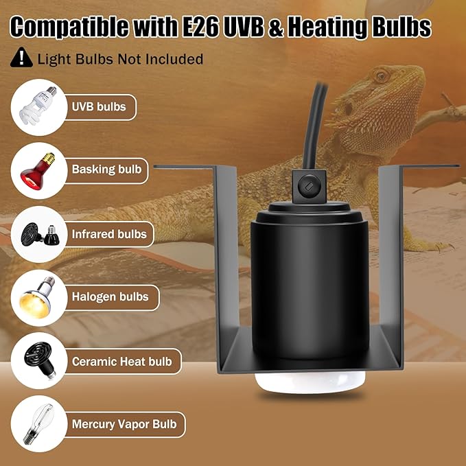 Reptile Ceramic Socket Heat Lamp Fixture, 2Pcs Terrarium Clamp Light Holder for Lizard, Gecko, Snake, Bearded Dragon, Dual On/Off Switch, 300W Max (Bulbs Not Included)