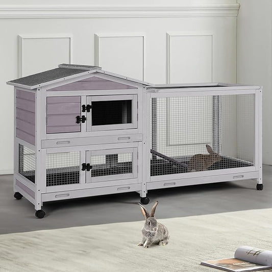 Indoor/Outdoor Rabbit Hutch with Pull-Out Tray, Weatherproof Bunny Cage & Attached Run - Also for Chickens (Grey, L)