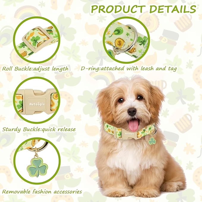 St. Patrick's Day Dog Collar,Light Green Puppy Collar with Lucky Shamrock,Adjustable Spring Cotton Collars Gifts for Small Medium Large Dogs,Dog Accessories M