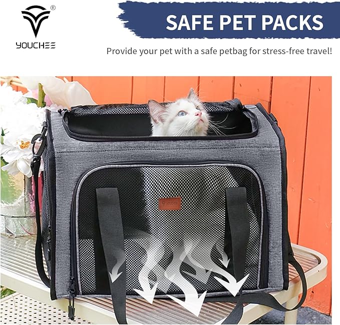 Cat Carrier Dog Carrier, Pet Travel Bag for Cats & Small Dogs up to 15 lbs, Washable Soft Sided Collapsible Airline Approved Puppy Carrier, 17.5"x12"x12. (Dark Gray)
