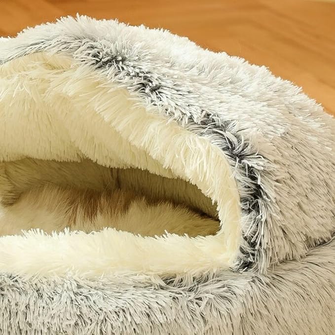 Plush Fluffy Dog and Cats Round Bed – Ultra-Soft Faux Fur Pet Shell Nest with Raised Bolster Edge, Self-Warming Calming Nest for Small to Large Pets (Gray, X Large（31.5“/<75lbs)