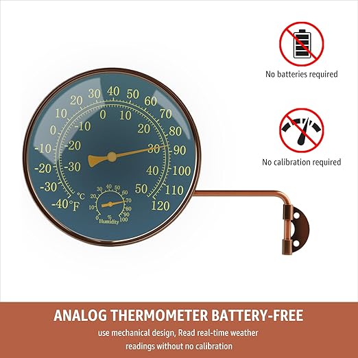6-Inch Outdoor Thermometer and Humidity Gauge, Window Thermometer for Outside Temperature and Humidity Monitor, Brass Analog Dial, Battery-Free for Patio, Garage, Greenhouse, Garden, Wall